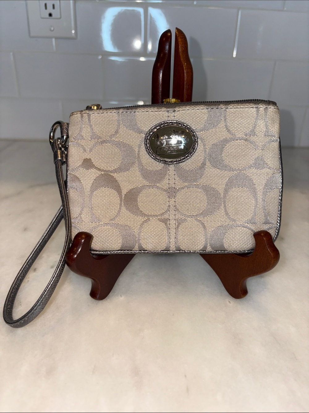 Coach Signature Jacquard Canvas Wristlet with Metallic Leather Trim